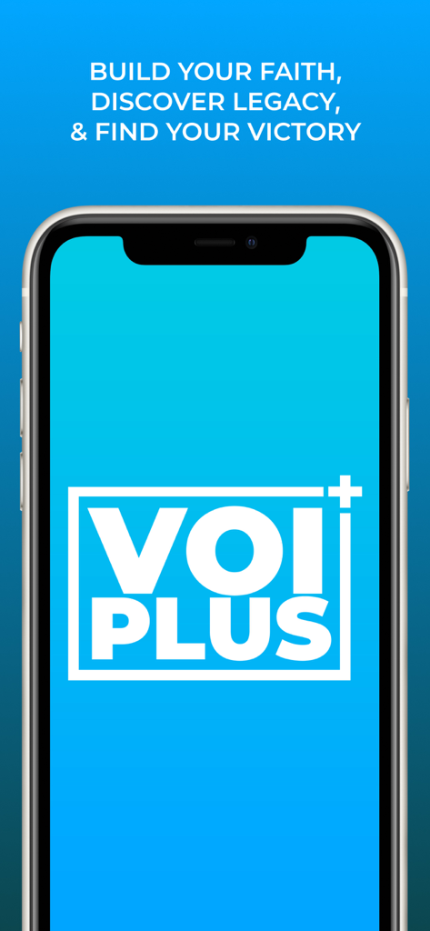 VOI Plus - Tela de apresentação do aplicativo VOI Plus exibindo o logotipo e mensagens baseadas na fé em um smartphone.