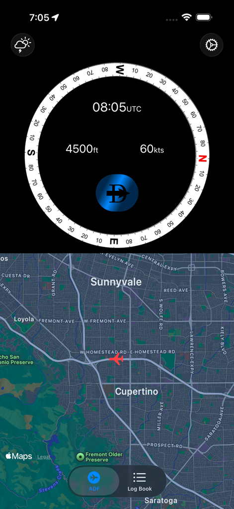 Interfaccia dell'app Direct To che mostra strumenti di volo come altitudine e velocità accanto a una mappa in movimento su iPhone