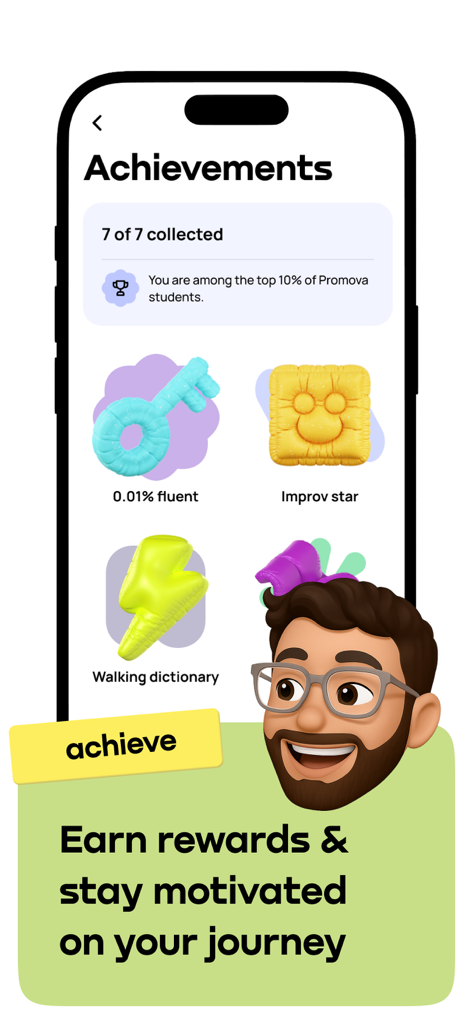 Promova: Language Learning App - Promova 앱 성과 화면, 수집된 배지 및 학생 진행 상황 보상 표시