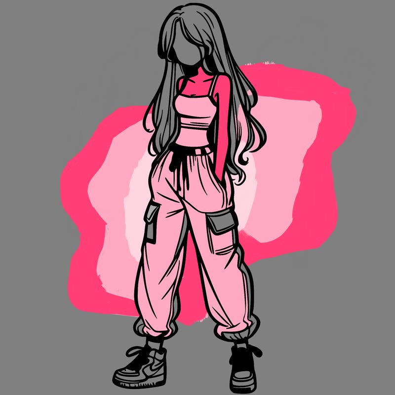 girl in baggy pants crop top and long hair