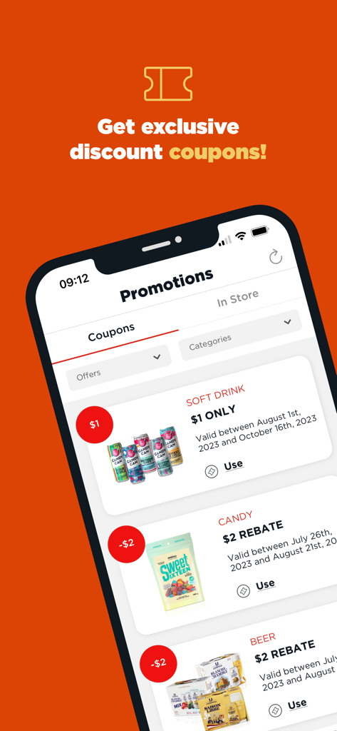 Couche-Tard - Couche-Tard mobile app promotions page showing discount coupons for drinks snacks and candy