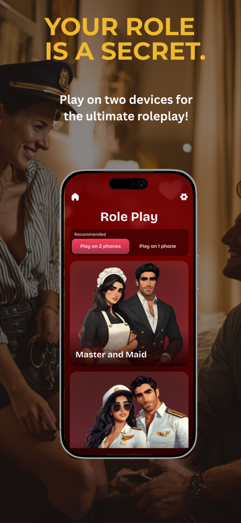 4PLAY – Games for Couples - 4PLAY 앱 인터페이스, 두 대의 모바일 장치에 표시되는 커플을 위한 비밀 롤플레잉 시나리오