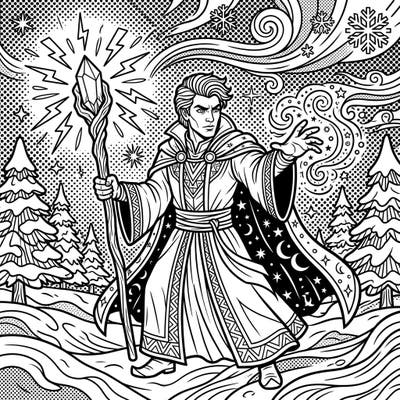 Dive into a world of magic and winter with this captivating Pop Art Warlock coloring page. Featuring bold lines and dynamic elements, it's perfect for a creative escape into a mystical snowy scene.