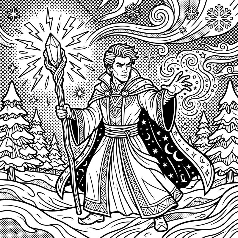 Dive into a world of magic and winter with this captivating Pop Art Warlock coloring page. Featuring bold lines and dynamic elements, it's perfect for a creative escape into a mystical snowy scene.