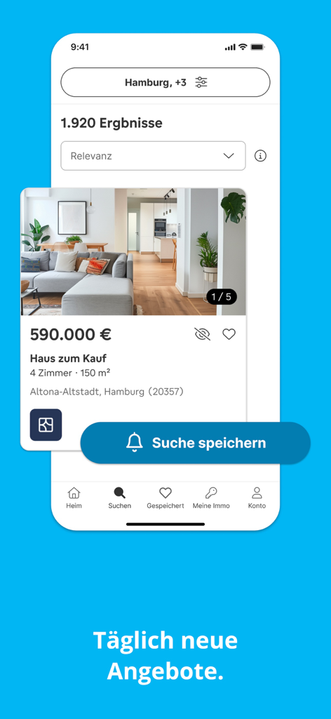 immonet Immobilien Suche - Interface de l'application Immonet affichant les résultats de recherche immobilière pour une maison à Hambourg