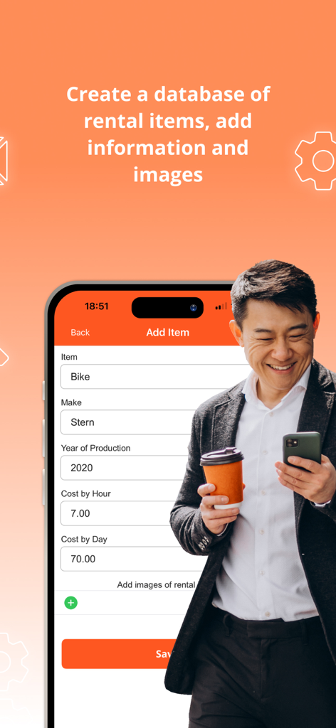Rental Business Management App - A man using the Rental Business Management app to add a bike to his rental inventory database.