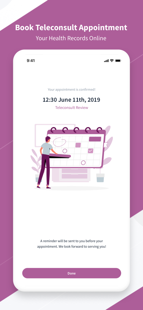 Minmed Connect - Confirmation screen in the Minmed Connect app showing a scheduled teleconsult appointment with an illustrative calendar.