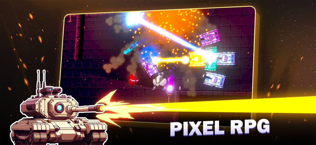 Laser Tanks: Pixel RPG - Retro pixel art tank firing a laser beam in an action-packed RPG battle scene