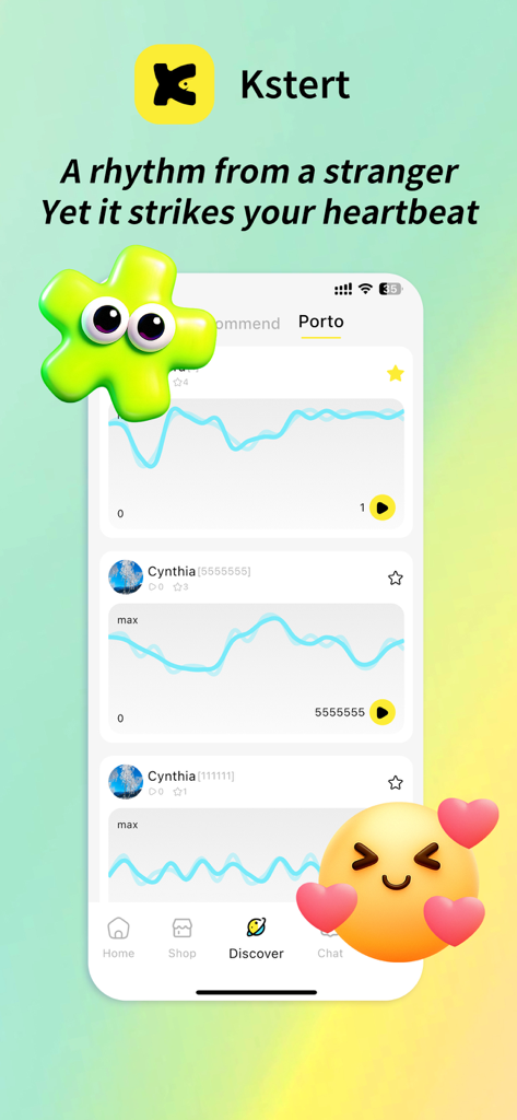 Interface of the Kstert app Discover tab showing shared vibration rhythm patterns from various users.