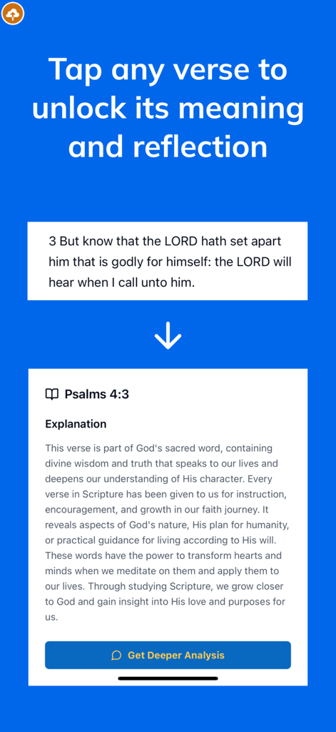 Daily Bible: Chat & Study - Interfaz de la aplicación Biblia Diaria mostrando un versículo de los Salmos con una explicación detallada y texto de reflexión.
