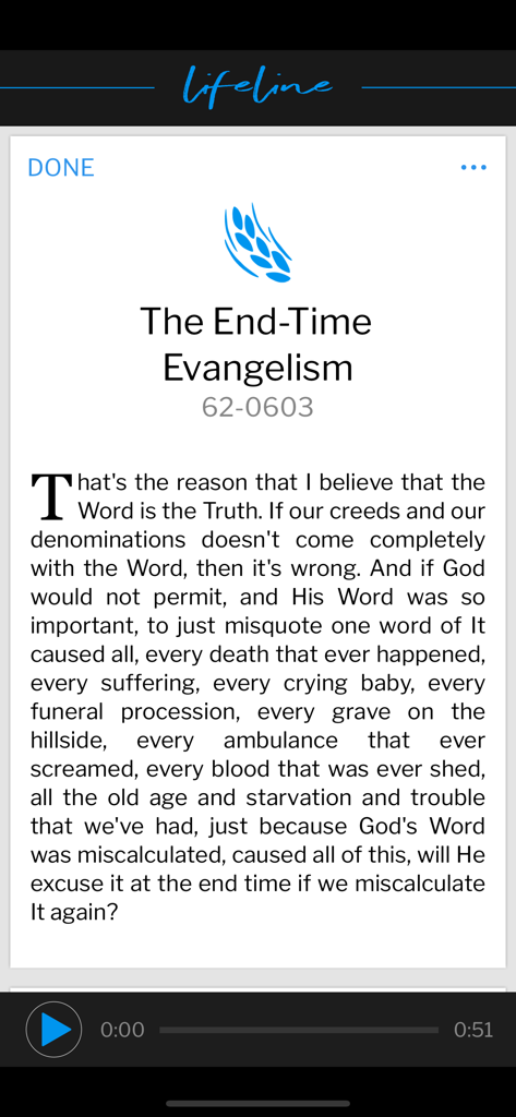 Ein Screenshot der VGR Lifeline-App, der ein religiöses Zitat mit dem Titel „Die Endzeit-Evangelisation“ und einem Audioplayer am unteren Rand zeigt.