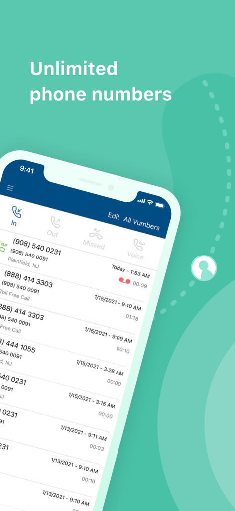 Smartphone screen displaying the Vumber app call log with multiple local and toll free business numbers