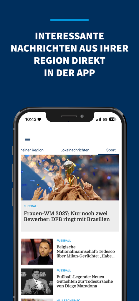 MZ - Smartphone affichant l'application Mitteldeutsche Zeitung avec des articles d'actualités régionales et sportives