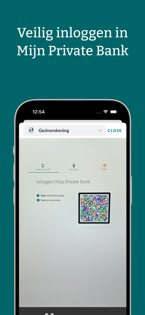 Pantalla de inicio de sesión segura de la aplicación Private Bank mostrando un código QR para la autenticación