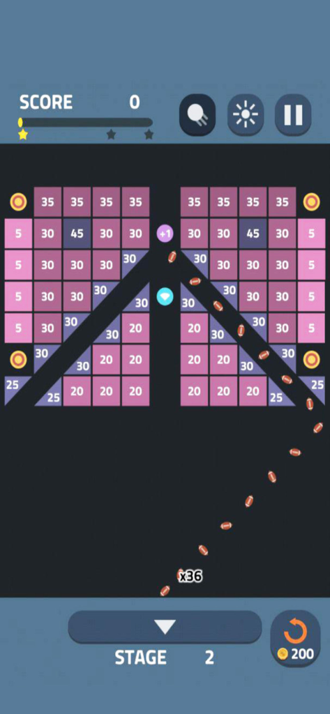 Bricks Master Legend - Gameplay of Bricks Master Legend showing a chain of balls launched at numbered bricks in stage 2