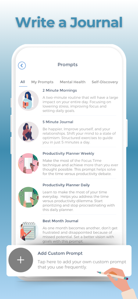 Tela do aplicativo móvel mostrando uma lista de prompts de diário para apoio à recuperação de saúde mental e autodescoberta.