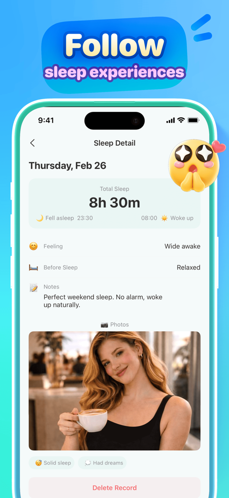 Bali - Wake Up Together - Interface of the Bali app showing a detailed sleep log with sleep duration, morning mood, and personal notes.