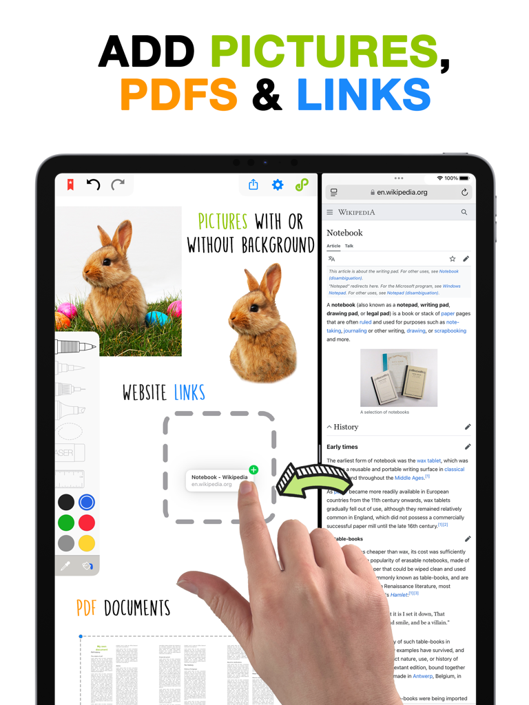 Endless Paper - iPad screen showing the Endless Paper app with imported rabbit photos, a PDF document, and a hand dragging a website link from a browser.