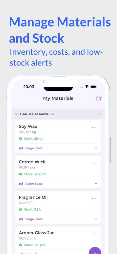 Craft Pricing: Cost & Profit - ろうそく製造用品と在庫レベルが表示されるCraft inventory management screen