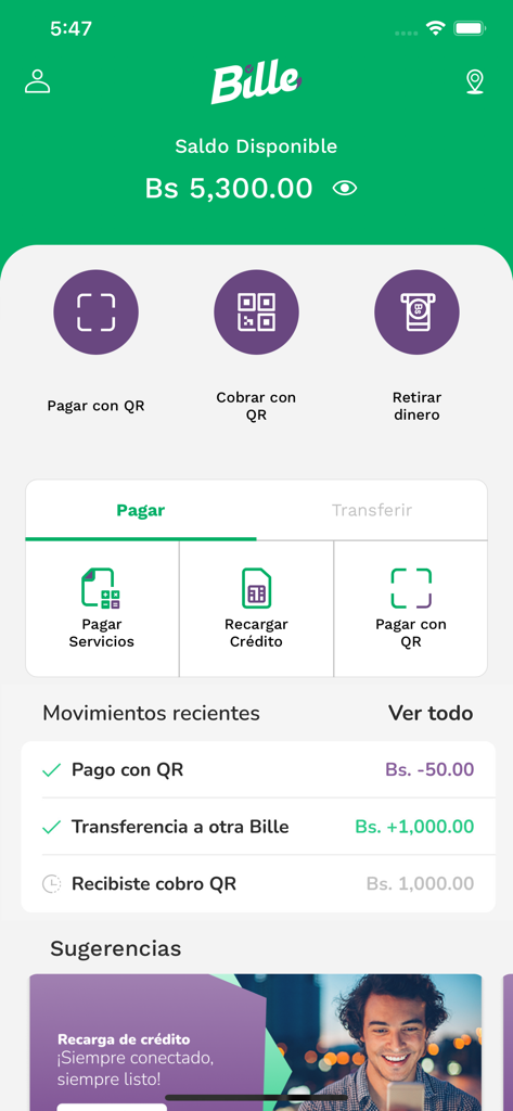 Bille - Bille digital wallet app home screen displaying account balance and QR payment features