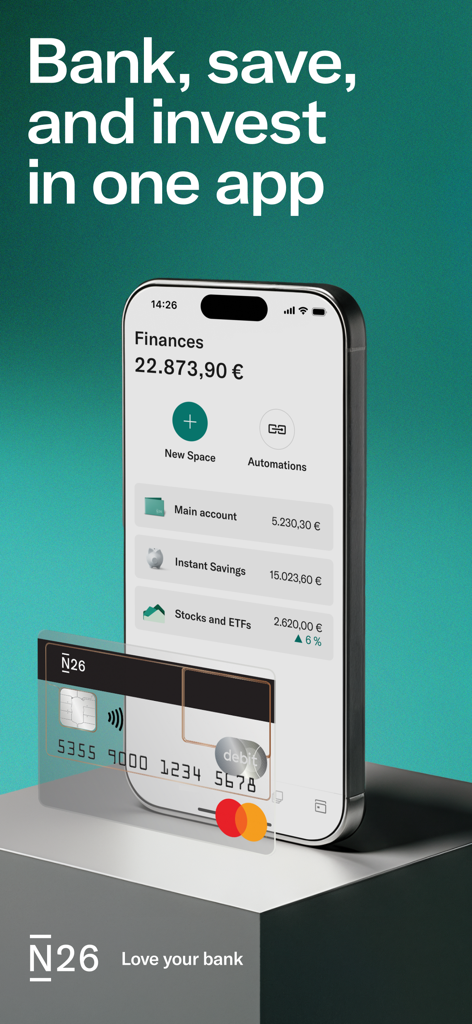 N26 — Love your bank - N26 mobile app interface showing banking savings and investment accounts on a smartphone screen