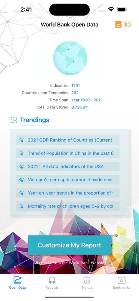 WorldBank WDI Data Browser - Écran d'accueil du WorldBank WDI Data Browser présentant des indicateurs économiques mondiaux et des rapports tendances