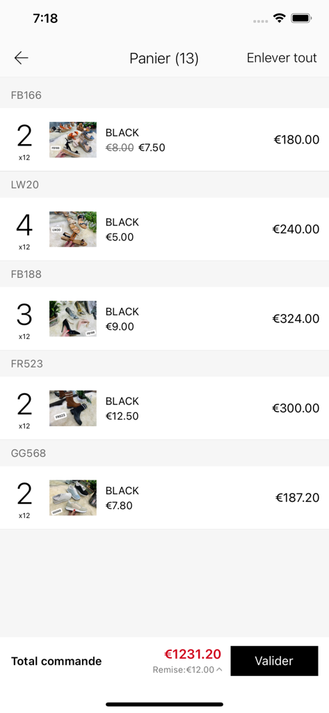 LOV'IT mobile app shopping cart screen displaying wholesale footwear orders and total cost.