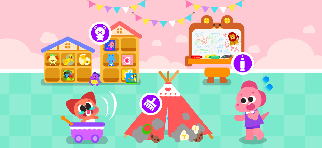 Cocobi Home Clean Up - Decor - Los personajes de Cocobi, Lobi y Coco, en una sala de juegos desordenada con iconos de limpieza para un tipi y estanterías de juguetes.