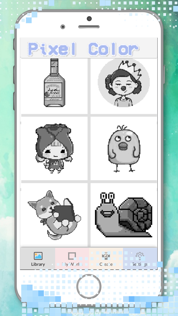 Color Pixel: Drawing By Number - Library of grayscale pixel art designs including a cat and a snail in the Color Pixel drawing app