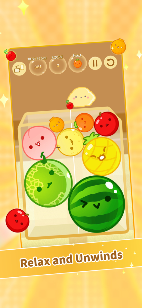 Suika Game-Aladdin X - Gameplay screen of Suika Game-Aladdin X showing various cute fruits like watermelon and melon in a puzzle container with a relaxing theme