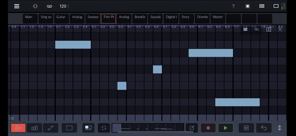 Drambo - Interfaccia piano roll dell'app Drambo che mostra il sequencing di note MIDI su una griglia