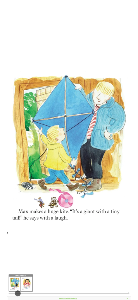 Ladybug: Fun stories & songs - A watercolor illustration from the Ladybug app showing a child and an adult holding a large blue kite in a workshop doorway.
