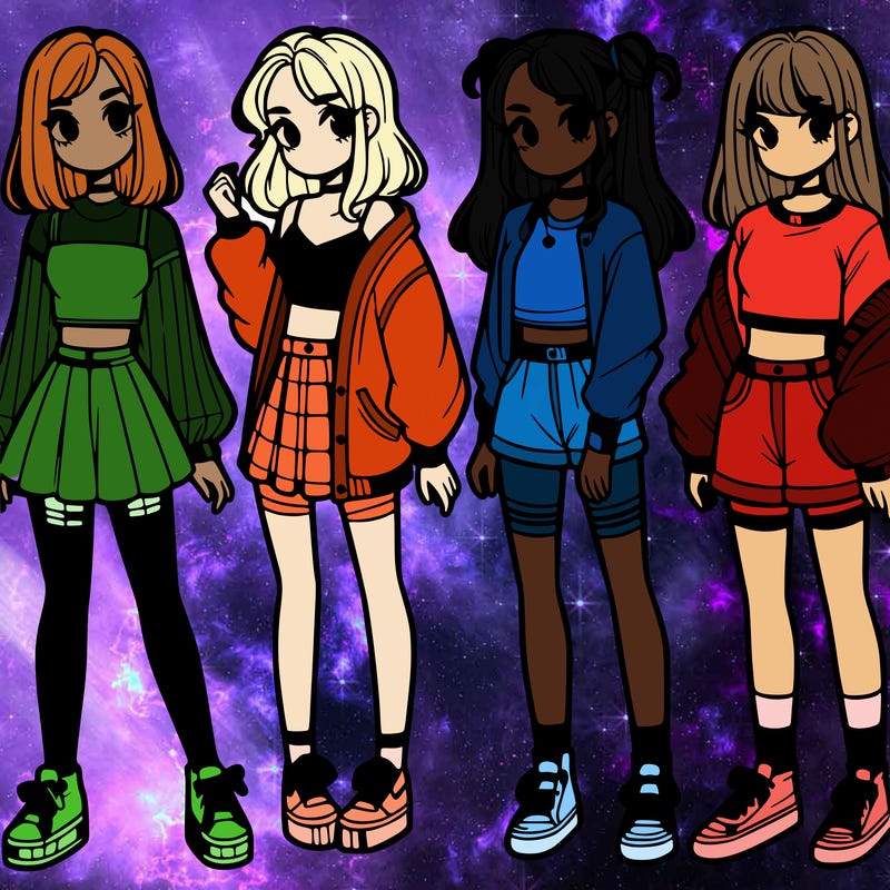 one girl with crop-top shirt and a jacket with a skirt, long socks and another girl with a shirt and pants with a jacket