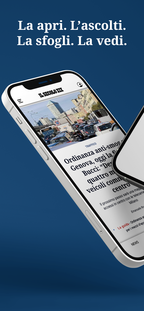 Il Secolo XIX - La aplicación de noticias Il Secolo XIX en la pantalla de un smartphone mostrando un artículo sobre Génova