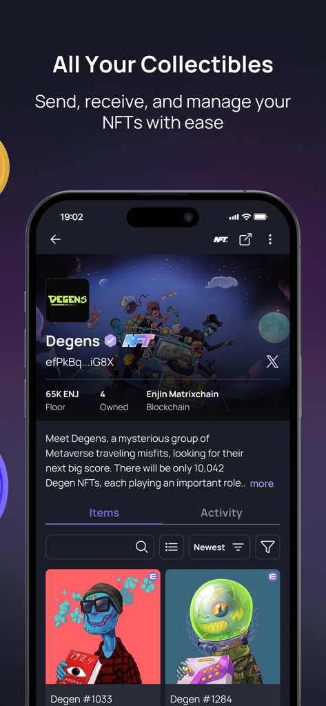Interface of the Enjin app showing a collection of NFTs called Degens with options to manage digital assets.