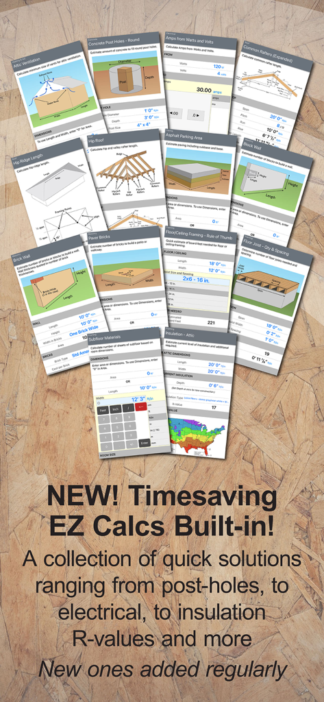 Construction Master 5 Calc - A collection of built-in calculation templates for construction projects including roofing framing and insulation