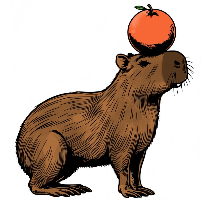 capybara that is balancing a orange on its head realistic