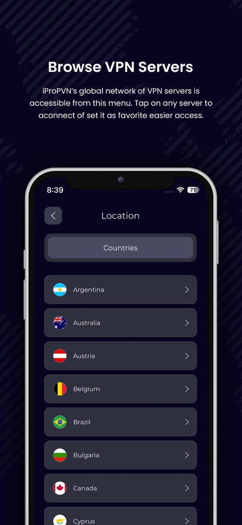 iProVPN app interface displaying a list of global VPN server locations with country flags.