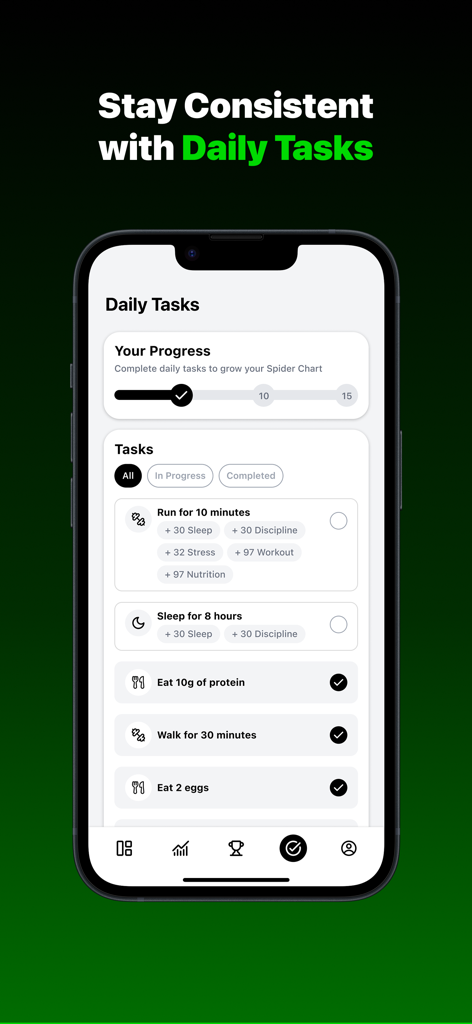 Tenacity AI: Lifestyle Tracker - Tenacity AI mobile app screen displaying a daily task list for tracking health and fitness habits like running and nutrition.