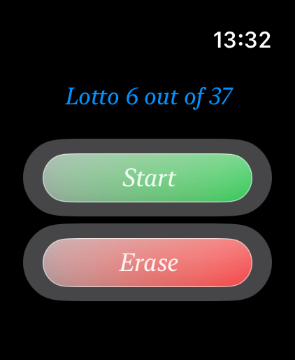 AB IsraLotto - AB 이스라엘 로또 앱 인터페이스, Apple Watch에서 로또 6/37용 시작 및 지우기 버튼 표시
