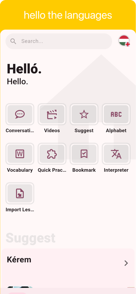 Menú principal de la aplicación de aprendizaje de idiomas húngaro que muestra iconos para videos de conversación y práctica de vocabulario