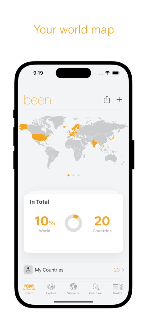 The been app interface showing a world map with highlighted visited countries and a ten percent completion statistic.