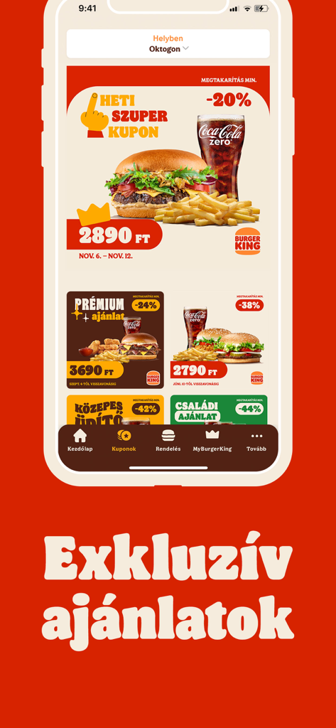Burger King Ungarn App-Bildschirm, der exklusive Gutscheine und Essensangebote anzeigt.