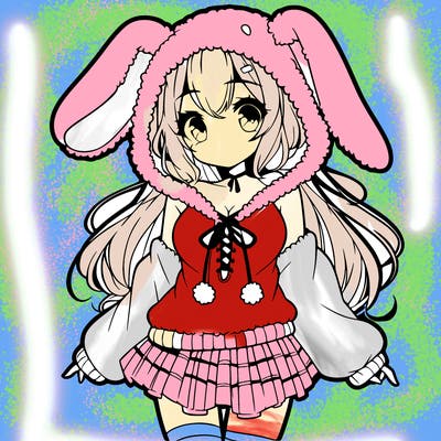 pretty anime girl wearing a fluffy hoodie with bunny ears on the hood and a skirt