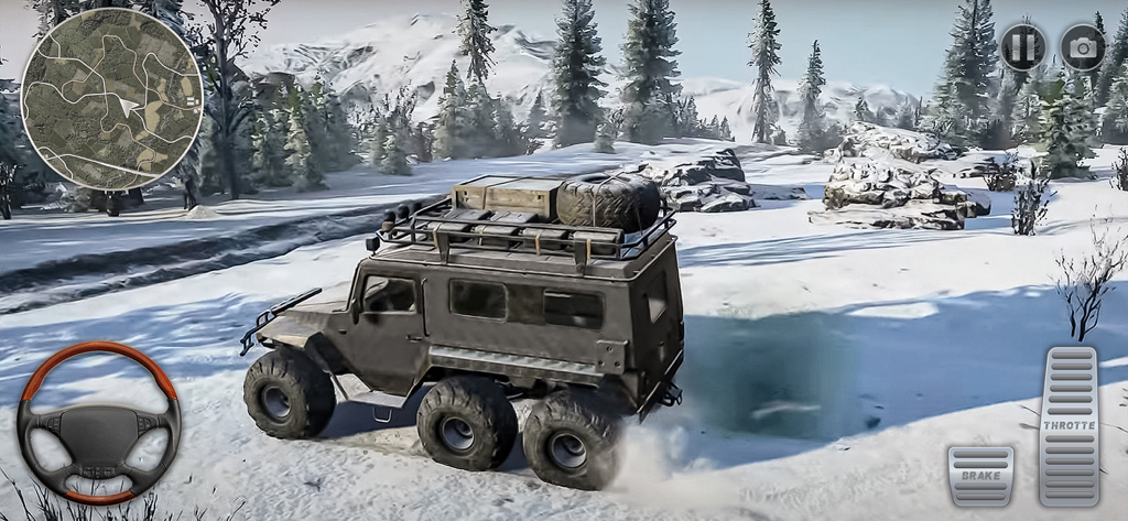 Offroad Jeep Xtreme Challenge - A 6x6 off-road truck driving through a snowy mountain landscape in a driving simulator game.