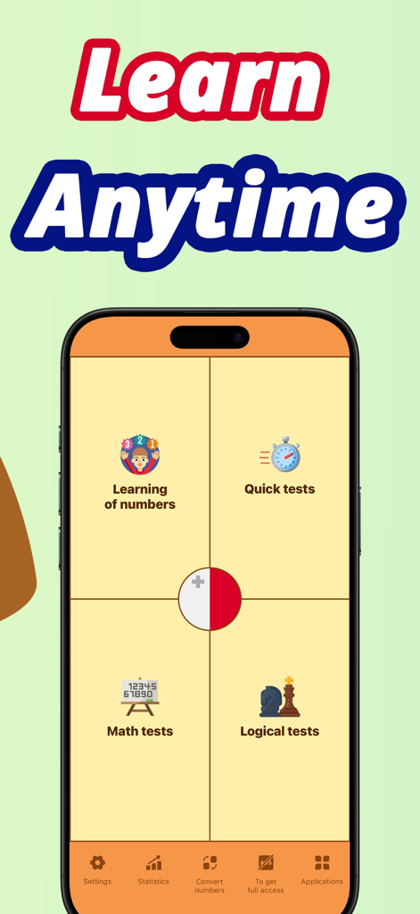 Numbers in Maltese language - Main menu of the Numbers in Maltese language app showing learning and test options