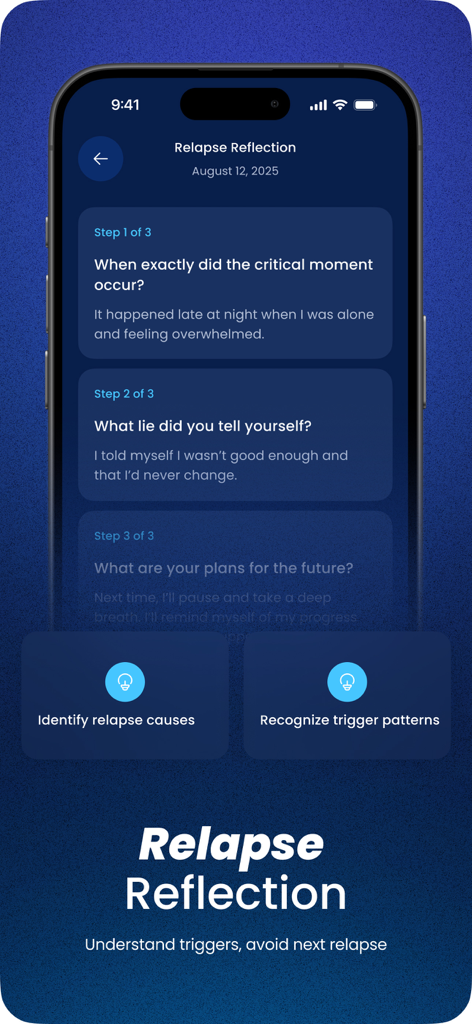 Overcome Lust: Rewire - Una interfaz paso a paso de reflexión sobre recaídas en la aplicación Overcome Lust Rewire diseñada para identificar desencadenantes de comportamiento.