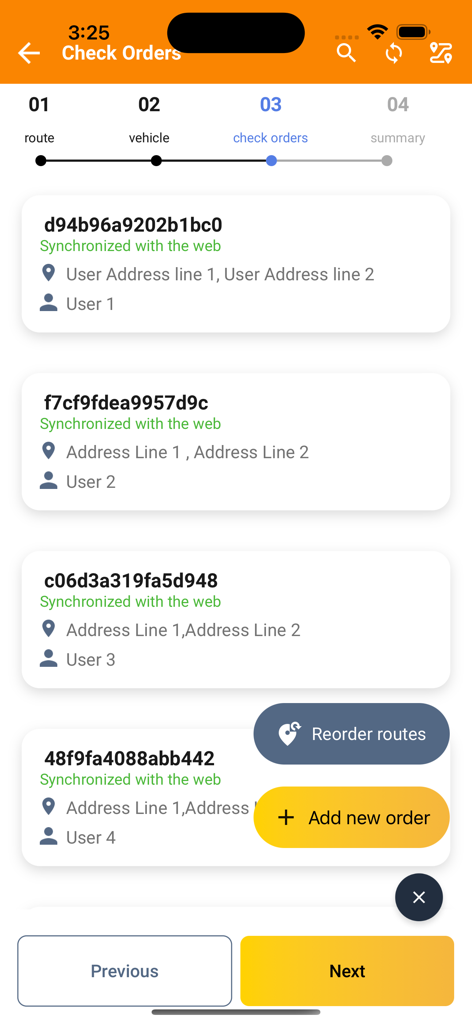 DispatchTrack LastMile - Interface of DispatchTrack LastMile app showing a list of delivery orders with synchronization status and route management options