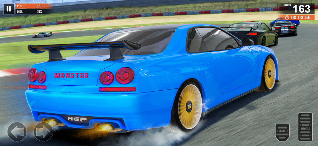 A blue sports car drifting on a race track with other cars in a 3D racing game.