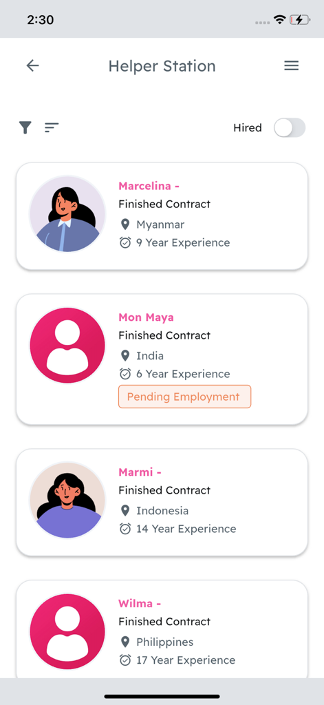 Helper Station - La aplicación Helper Station muestra una lista de perfiles de ayudantes domésticos con información sobre experiencia y nacionalidad